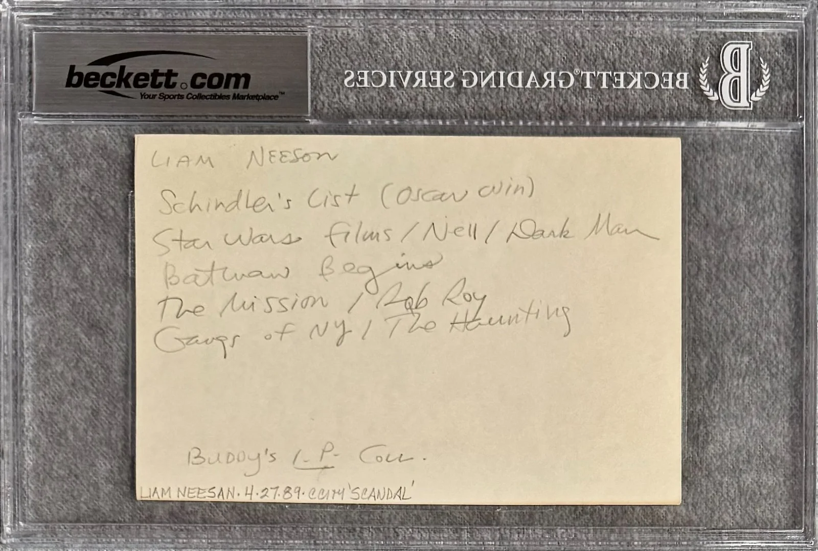 Liam Neeson — LIAM NEESON Signed Autographed 4"x6" INDEX CARD Schindler's List TAKEN BECKETT, image 2