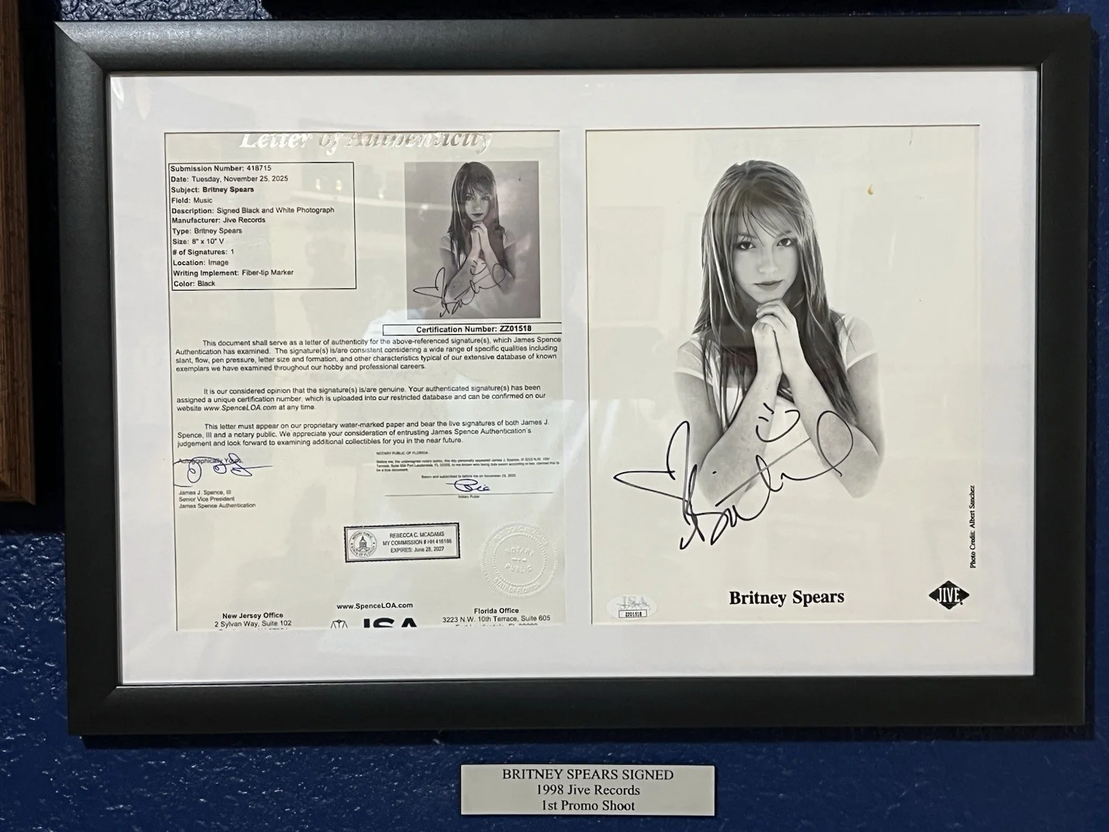Britney Spears — 1998 BRITNEY SPEARS SIGNED JSA JIVE RECORDS PROMO PRESS PHOTO AUTOGRAPH FRAMED!, изображение 3