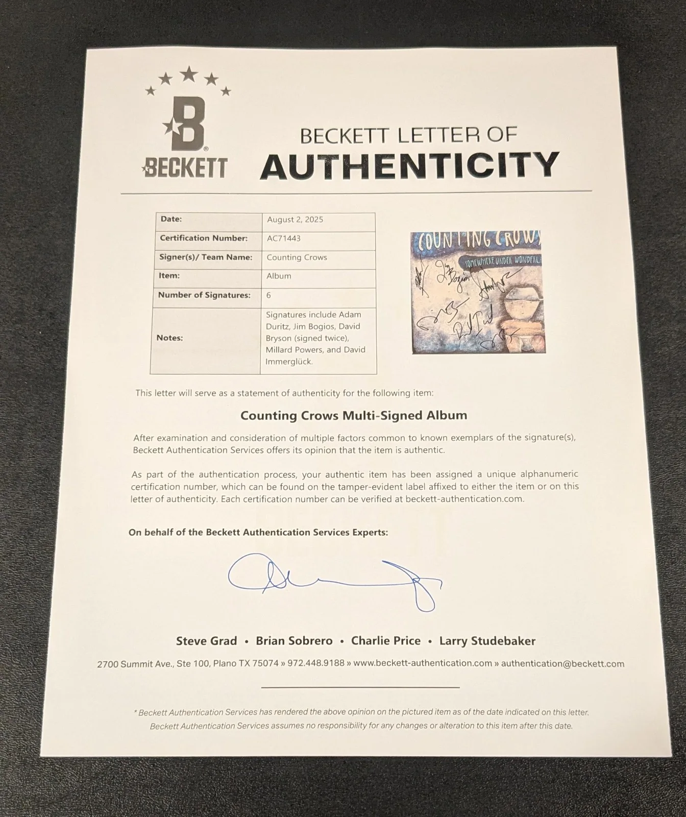 COUNTING CROWS signed "SOMEWHERE UNDER WONDERLAND" RECORD LP BECKETT LOA (BAS), image 4