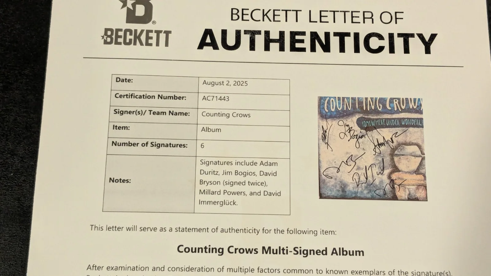 COUNTING CROWS signed "SOMEWHERE UNDER WONDERLAND" RECORD LP BECKETT LOA (BAS), image 5
