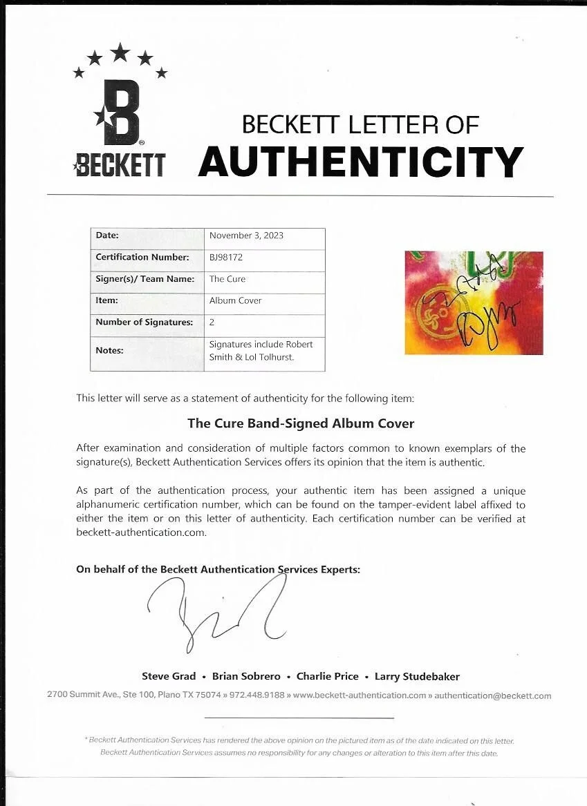 THE CURE ROBERT SMITH & LOL TOLHURST signed "THE TOP" LP RECORD BECKETT LOA BAS, image 4