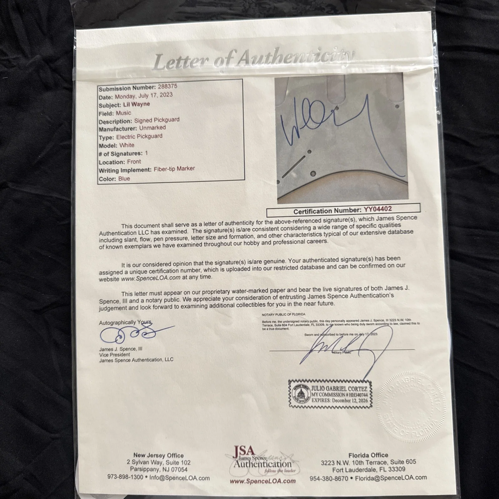 LIL WAYNE AUTOGRAPHED HAND SIGNED GUITAR PICKGAURD JSA LOA Rare, image 4