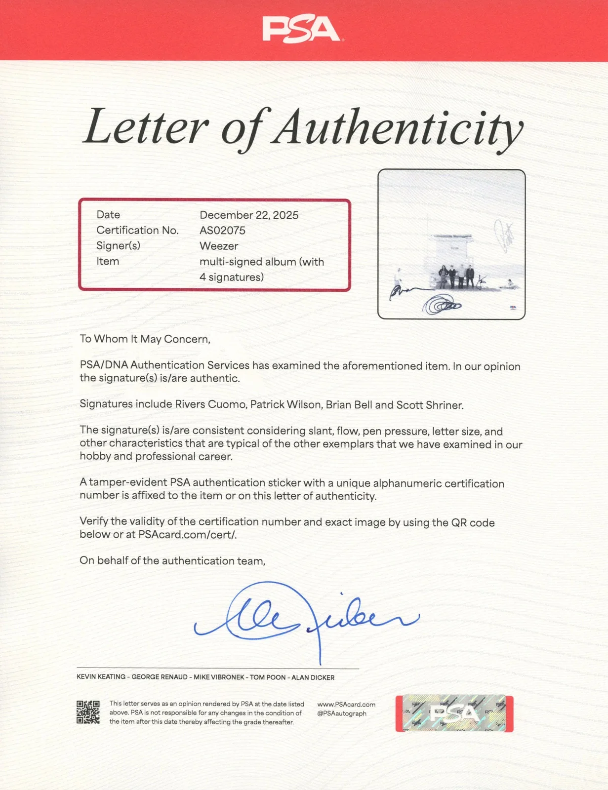 Weezer Signed Autographed Vinyl LP “Weezer (White Album)” PSA/DNA Authenticated, изображение 3