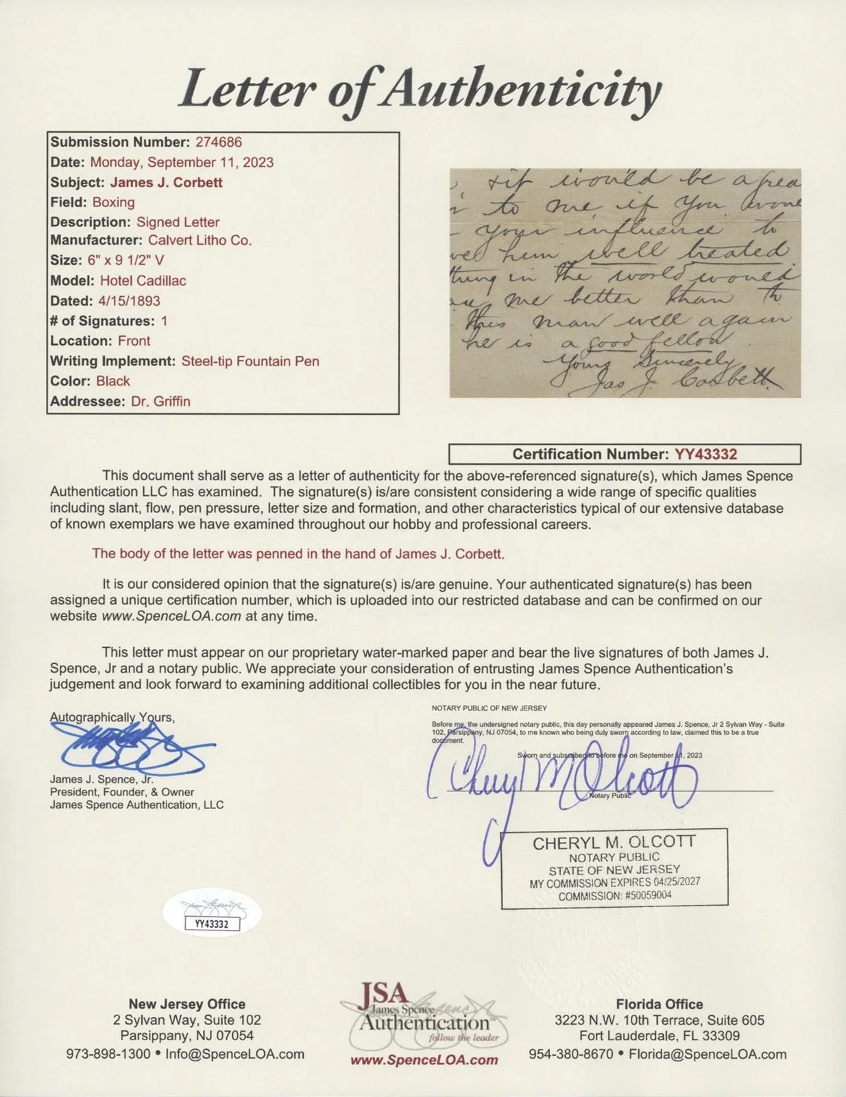 1893 Signed James Corbett Handwritten Letter Hotel Cadillac (JSA), изображение 3