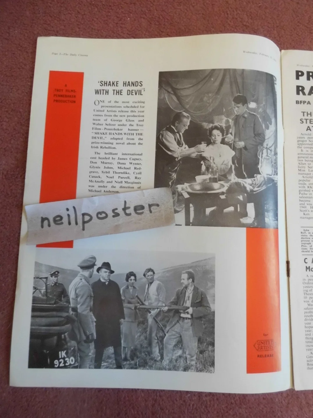 JAMES CAGNEY, DIANA DORS in DAILY CINEMA (1959) UK trade mag, изображение 2