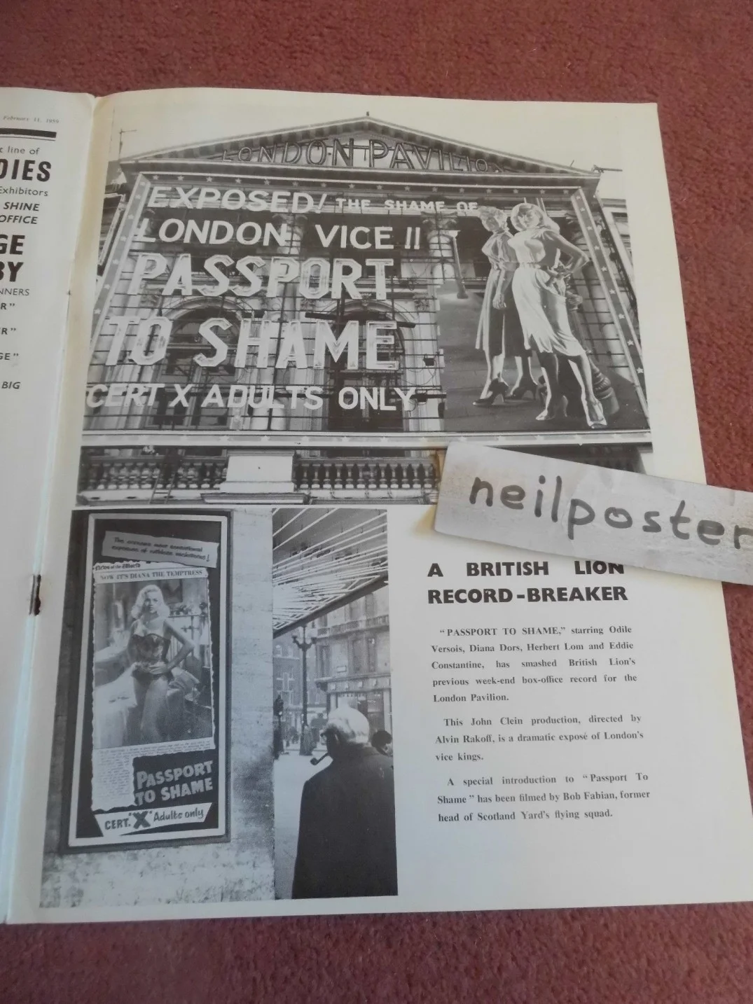 JAMES CAGNEY, DIANA DORS in DAILY CINEMA (1959) UK trade mag, изображение 3