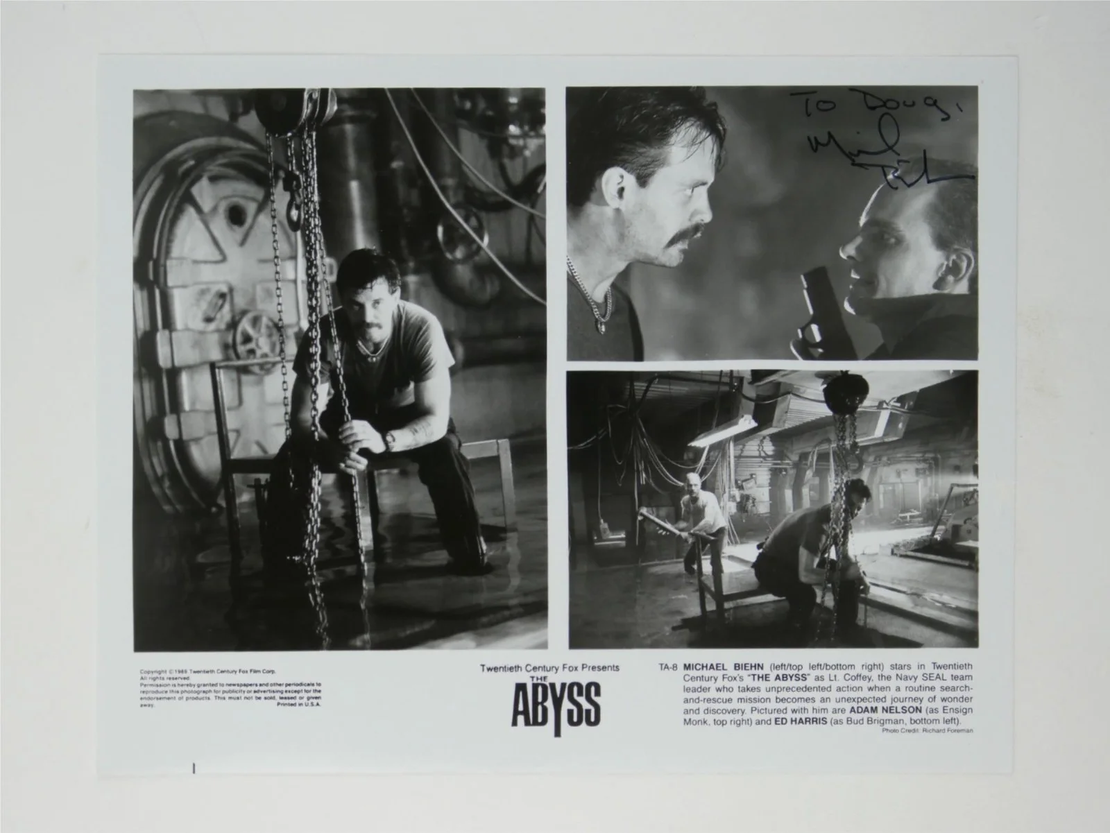Michael Biehn — Michael Biehn Signed B&W 8x10 Photo The Abyss Autographed Personalized To Doug
