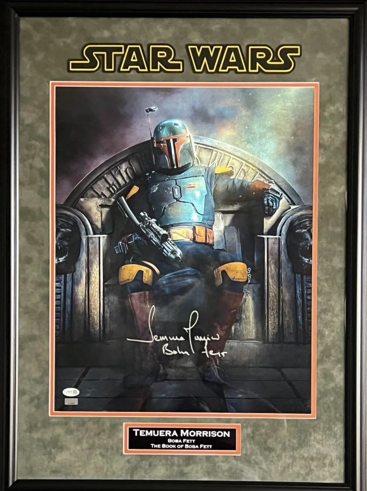 Temuera Morrison — Temuera Morrison autographed signed suede framed 16x20 Star Wars Boba Fett JSA