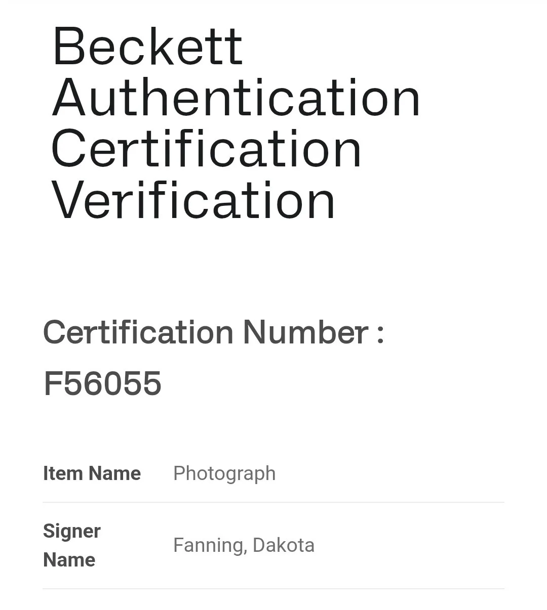 DAKOTA FANNING SIGNED 12X18 PHOTO Beckett Cert. # F56055, изображение 3