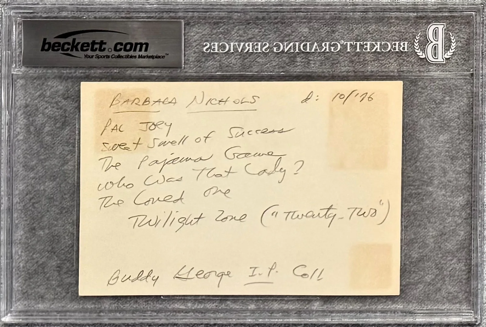 Barbara Nichols — BARBARA NICHOLS Autograph Signed 4x6 INDEX CARD PAL JOEY Woman Obsessed BECKETT, изображение 2