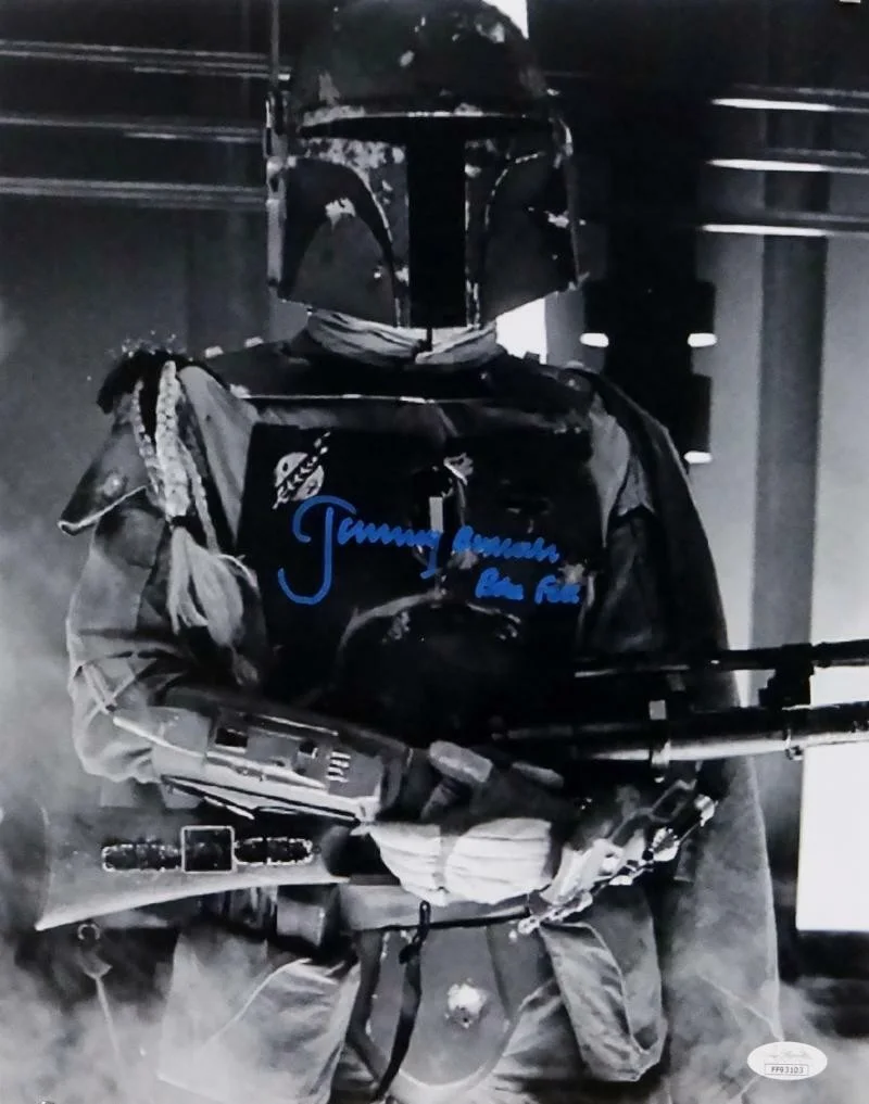 Jeremy Bulloch - Boba Fett — Jeremy Bulloch Autographed Boba Fett B&W Close Up 11x14 Photo- JSA W Auth *Blue