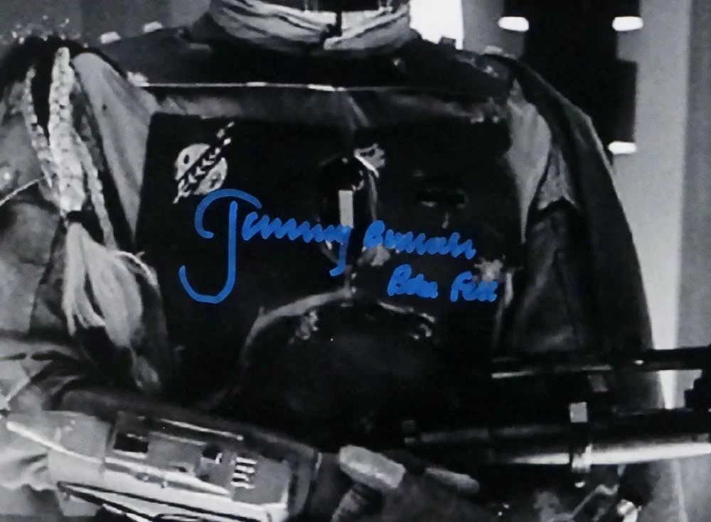 Jeremy Bulloch - Boba Fett — Jeremy Bulloch Autographed Boba Fett B&W Close Up 11x14 Photo- JSA W Auth *Blue, изображение 2