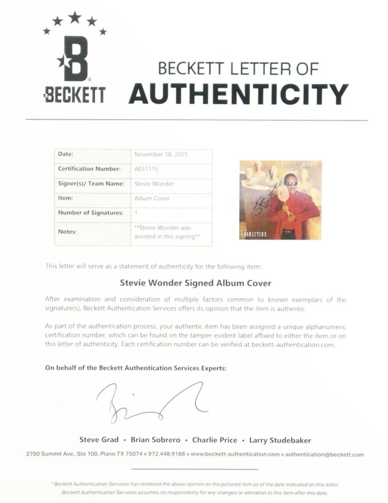 Stevie Wonder Signed Autograph Characters Album Vinyl Record Cover Beckett LOA, изображение 3