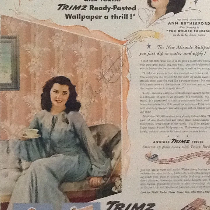 Ann Rutherford SIGNED 1945 Wallpaper Ad 40s Actress GWTW MGM Andy Hardy, изображение 4