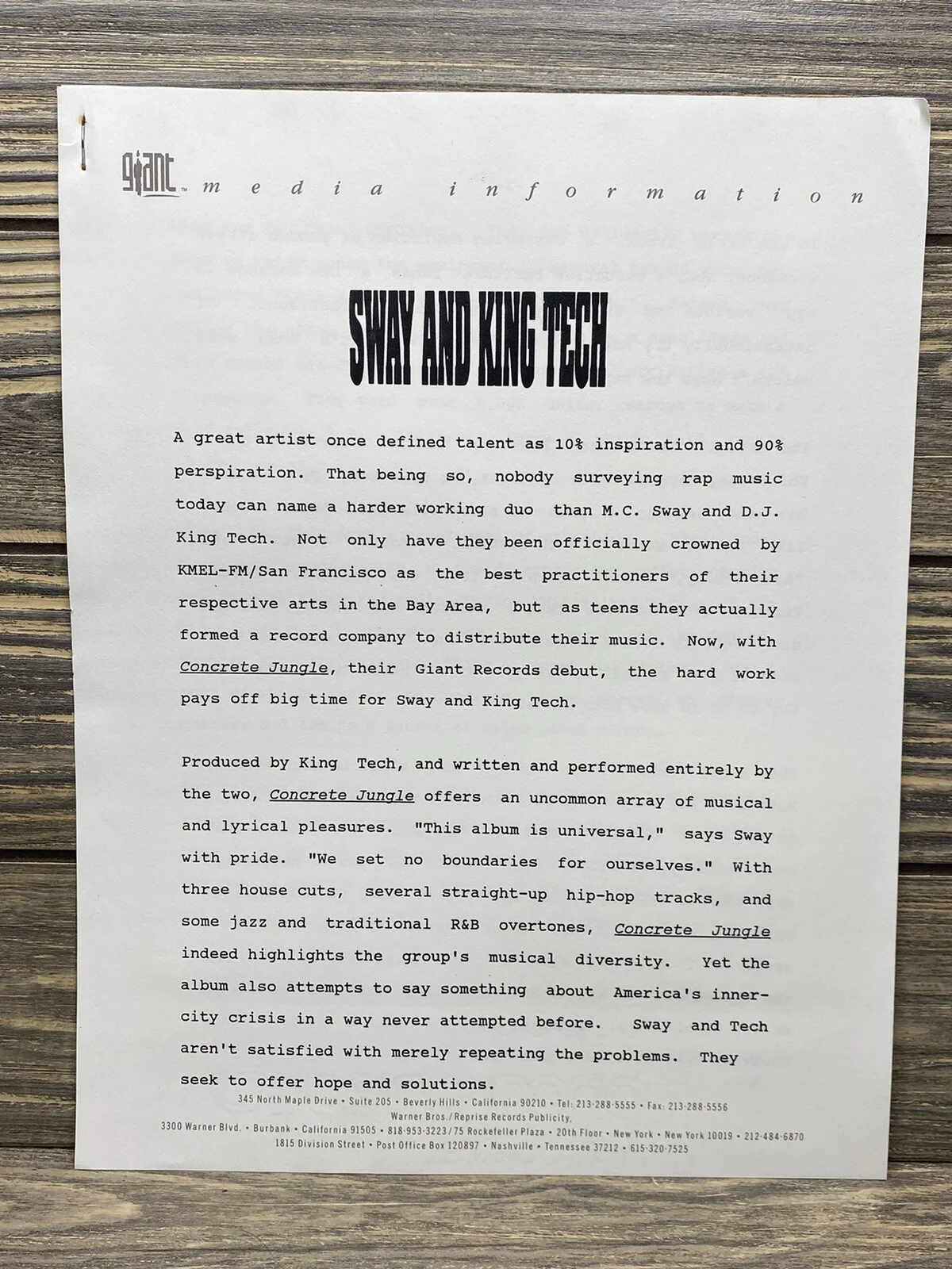 Vintage Sway and King Tech 8x10 Press Release Photo Packet 1991 Giant Warner Bro, изображение 3