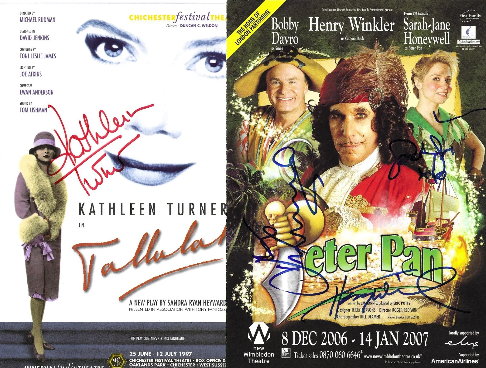 Kathleen Turner; henry winkler — 2 theater flyers HENRY WINKLER in PETER PAN & KATHLEEN TURNER in TALLULAH! COAs