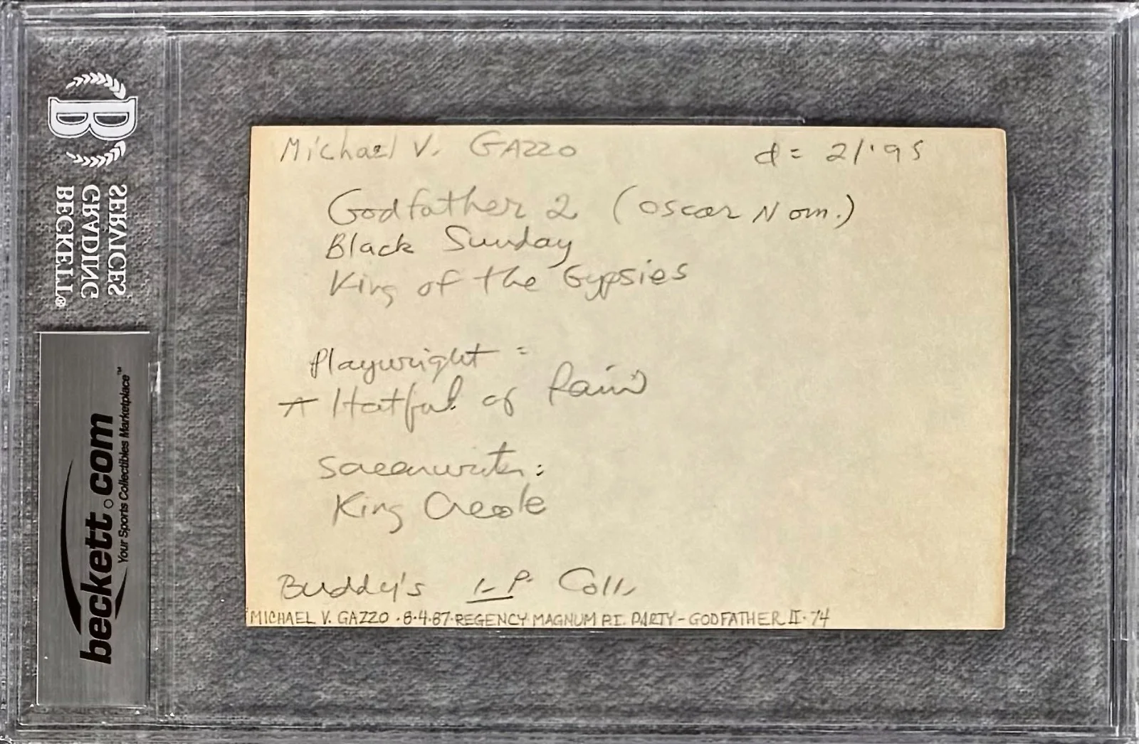 Michael V. Gazzo — MICHAEL V. GAZZO Signed Autograph 4x6 INDEX CARD THE GODFATHER Alligator BECKETT, изображение 2