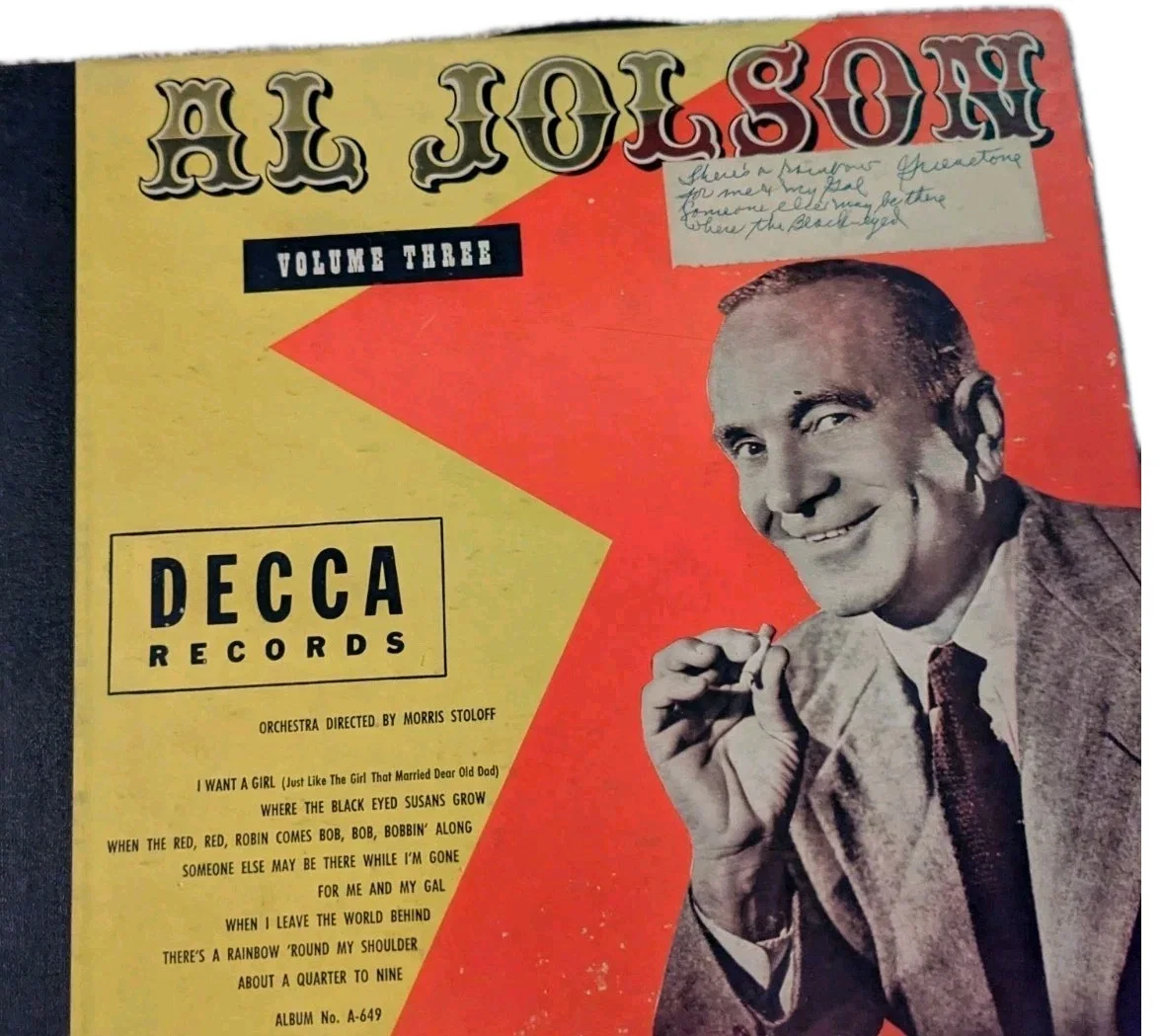 Al Jolson Vinyl Record Set Lot Decca 1946 A469 Songs He Made Famous Vol 3, изображение 2