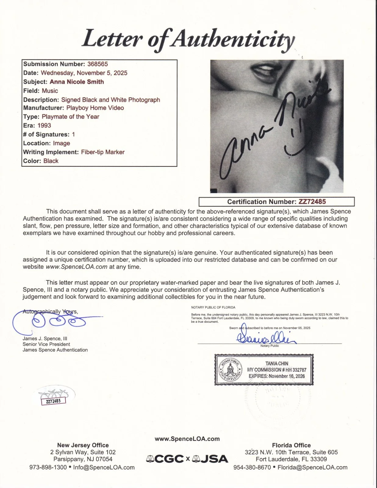 Signed Anna Nicole Smith Official Playboy Promo 8 x 10 full JSA letter, image 2
