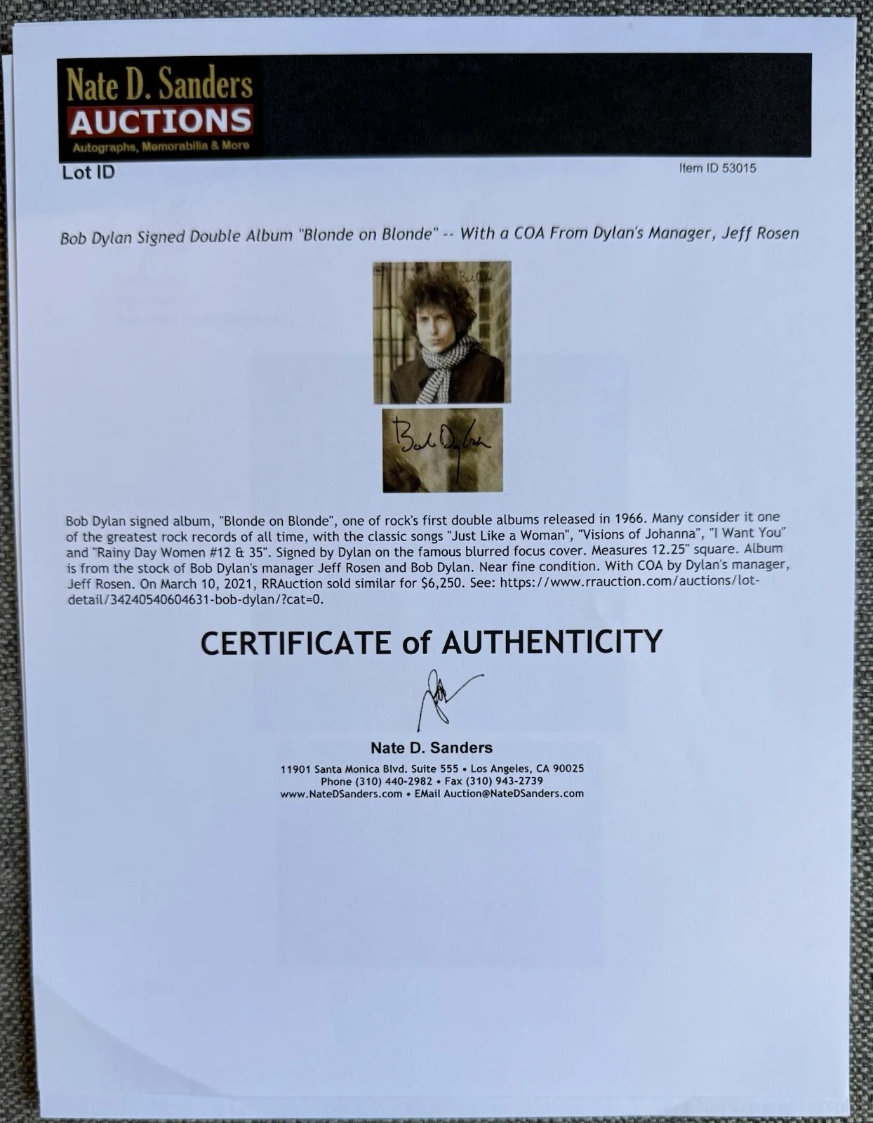 BOB DYLAN - Signed / Autographed ‘Blonde On Blonde’ Album JEFF ROSEN / REAL LOAS, изображение 5
