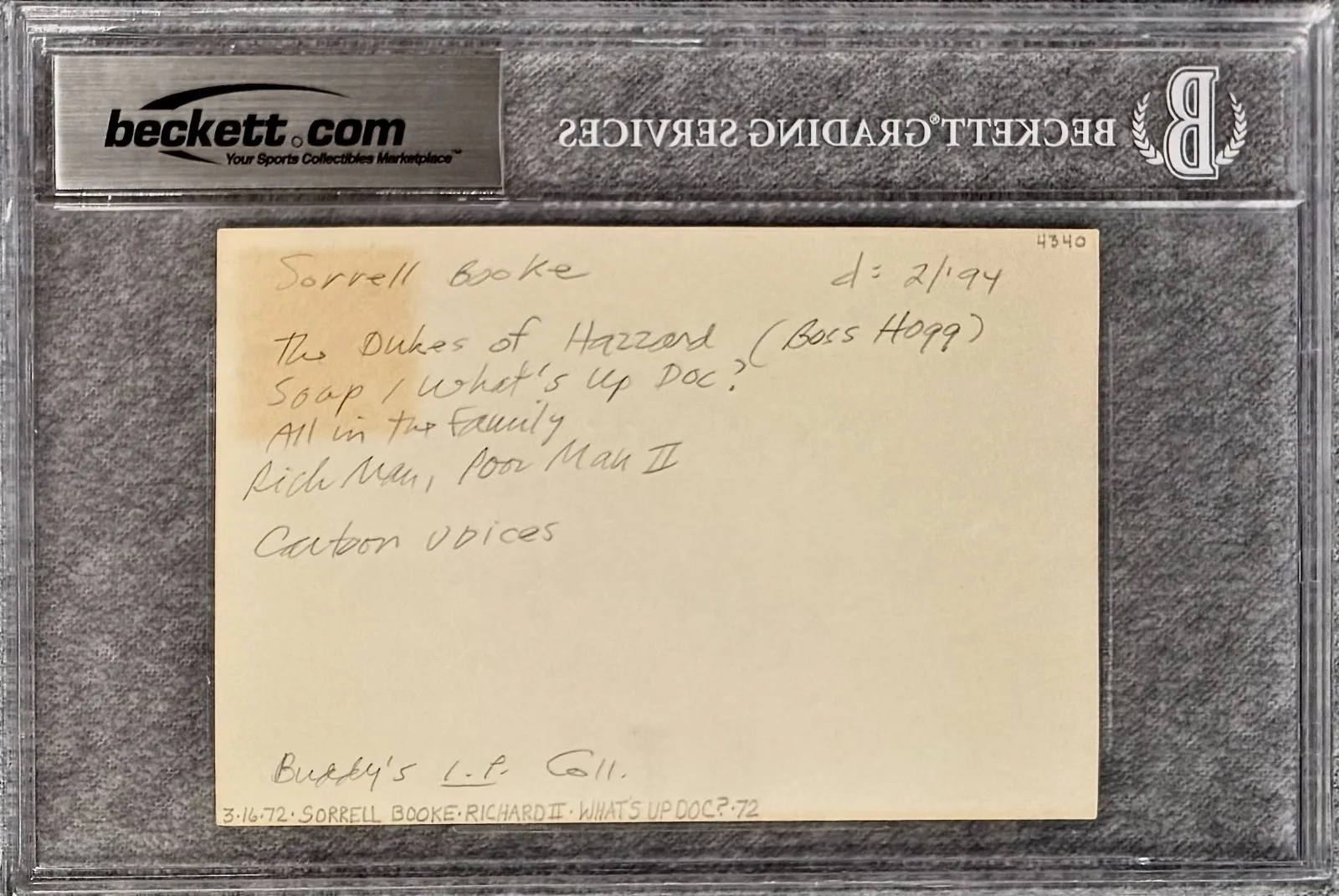 Sorrell Booke — SORRELL BOOKE Signed Autograph 4x6 INDEX CARD BOSS HOGG Dukes of Hazzard BECKETT, изображение 2
