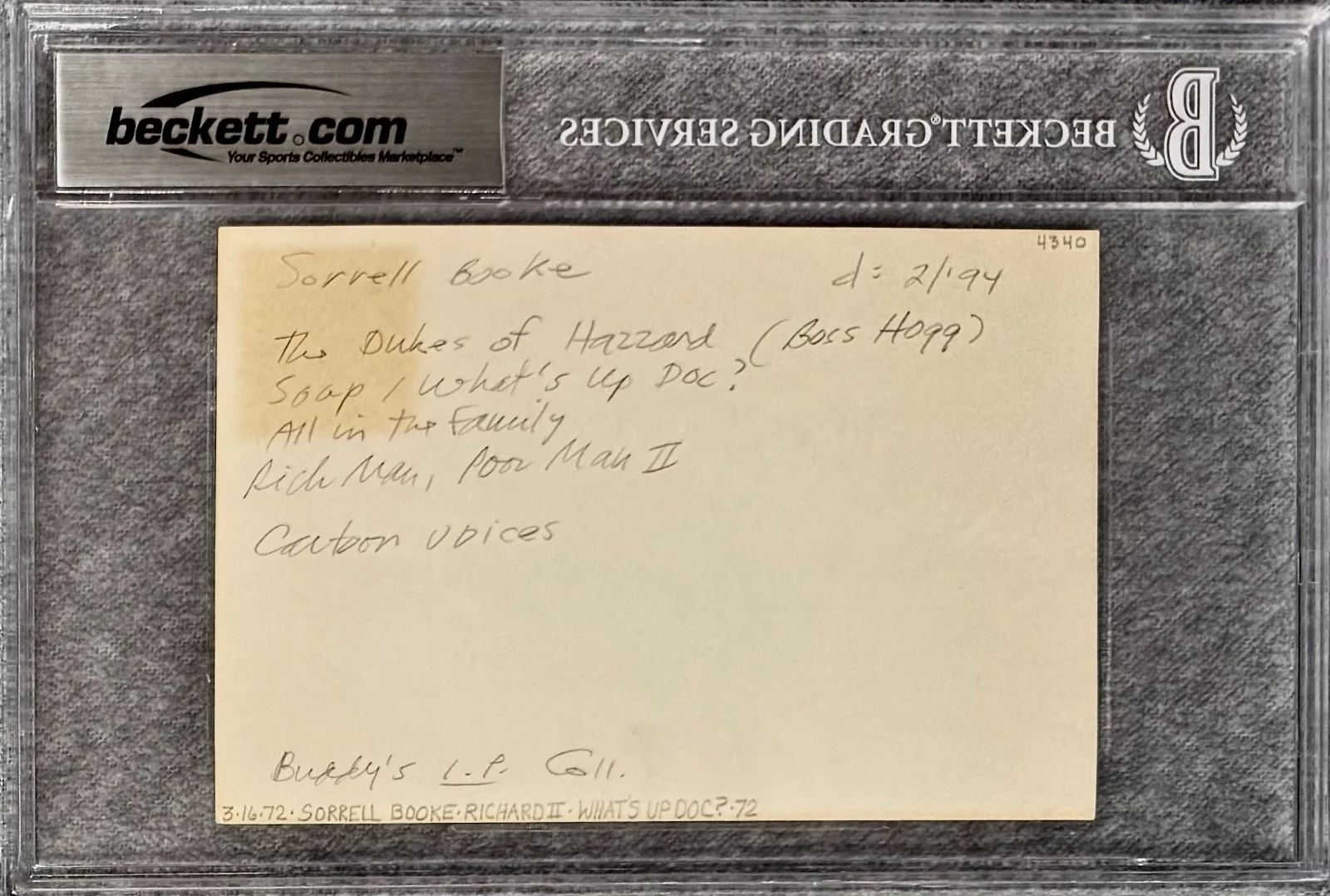 Sorrell Booke — SORRELL BOOKE Signed Autograph 4x6 INDEX CARD BOSS HOGG Dukes of Hazzard BECKETT, изображение 4