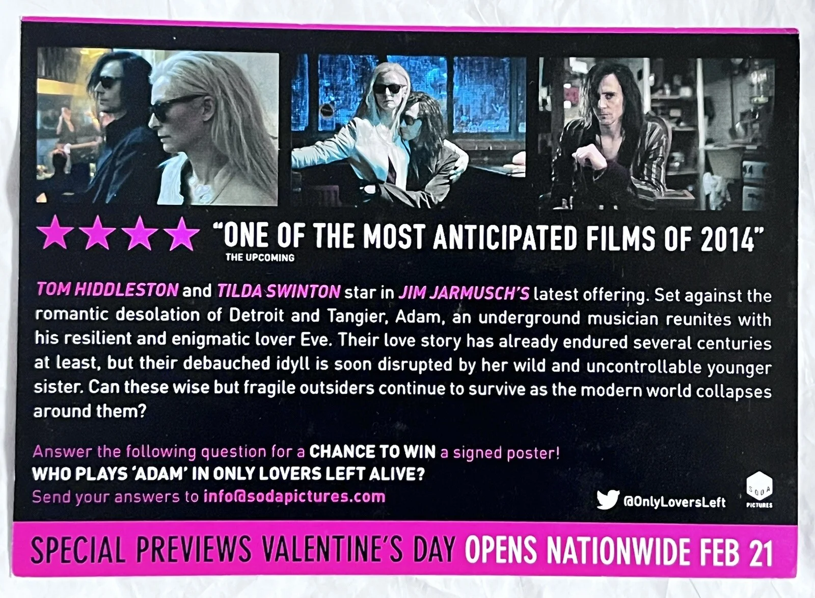 TOM HIDDLESTON-ONLY LOVERS LEFT ALIVE PROMO FILM POSTCARD-TILDA SWINTON, изображение 2