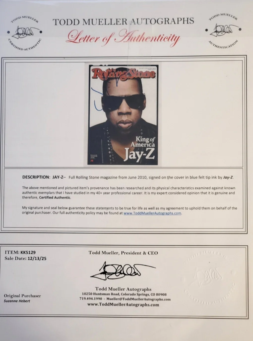 JAY-Z SIGNED AUTOGRAPHED ROLLING STONES MAGAZINE"KING OF AMERICA"06/14 2010 COA, изображение 2
