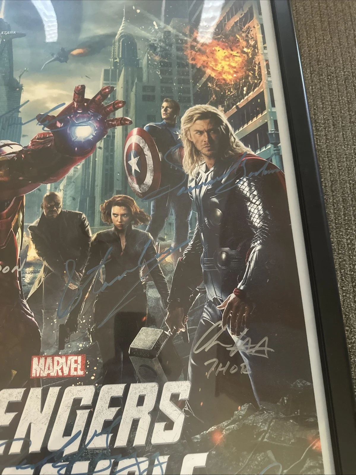 See Photos - 16 Signatures — Signed/framed Avengers Assemble poster. Alongside certificate of authenticity., image 3