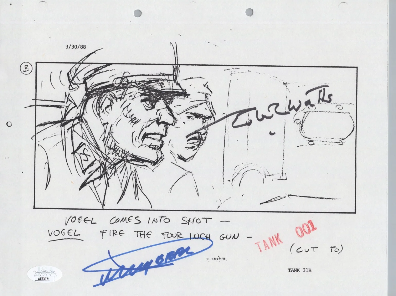 Dickey Beer — Indiana Jones - Storyboard signed by Dickey Beer & Robert Watts 8x10 JSA COA