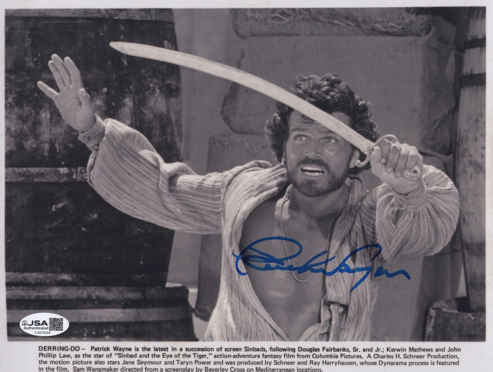 PATRICK WAYNE — PATRICK WAYNE Signed SINBAD AND THE EYE OF THE TIGER 8x10 Photo Autograph JSA