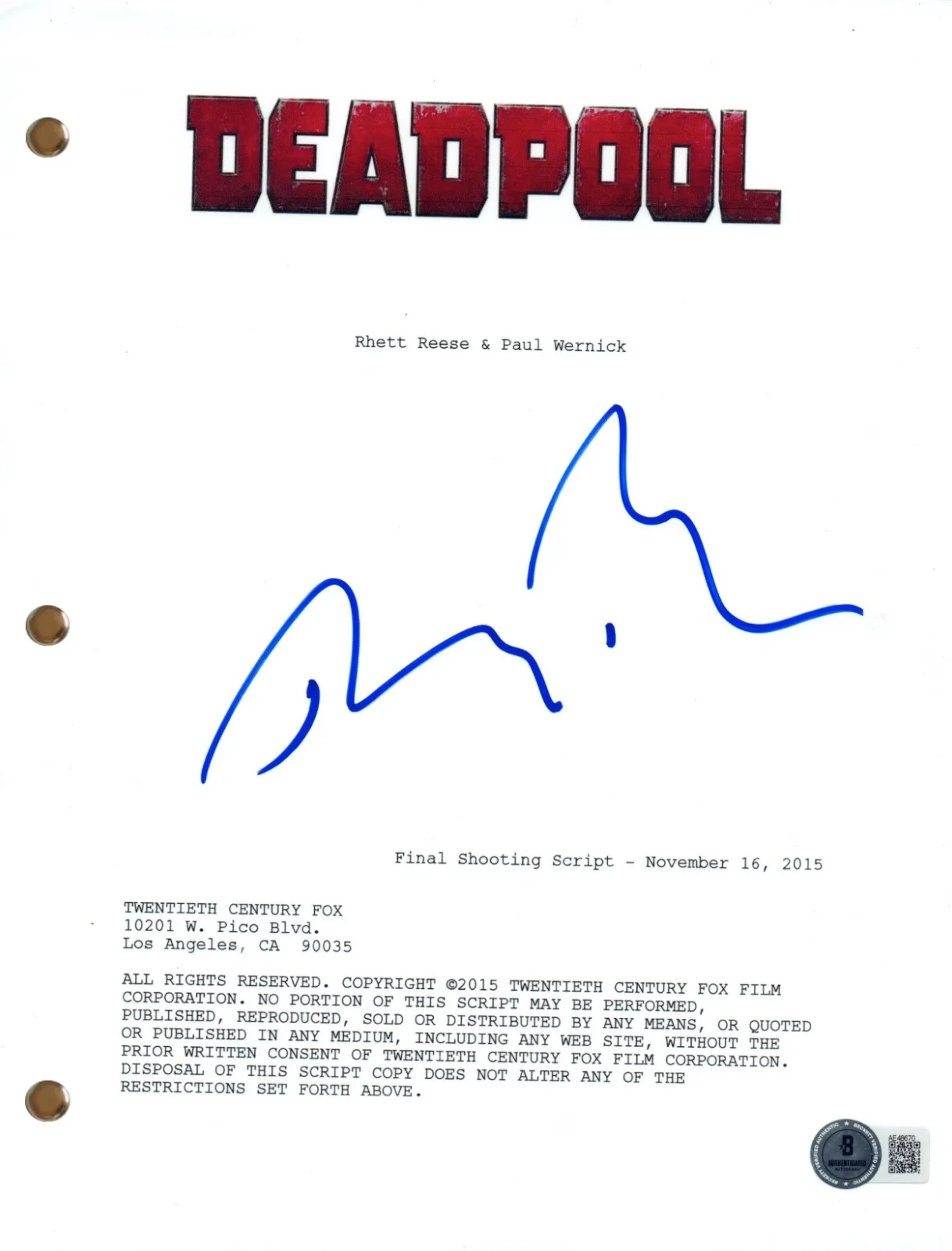 Ryan Reynolds — Ryan Reynolds "Deadpool" Signed Autograph Movie Script Screenplay Beckett COA