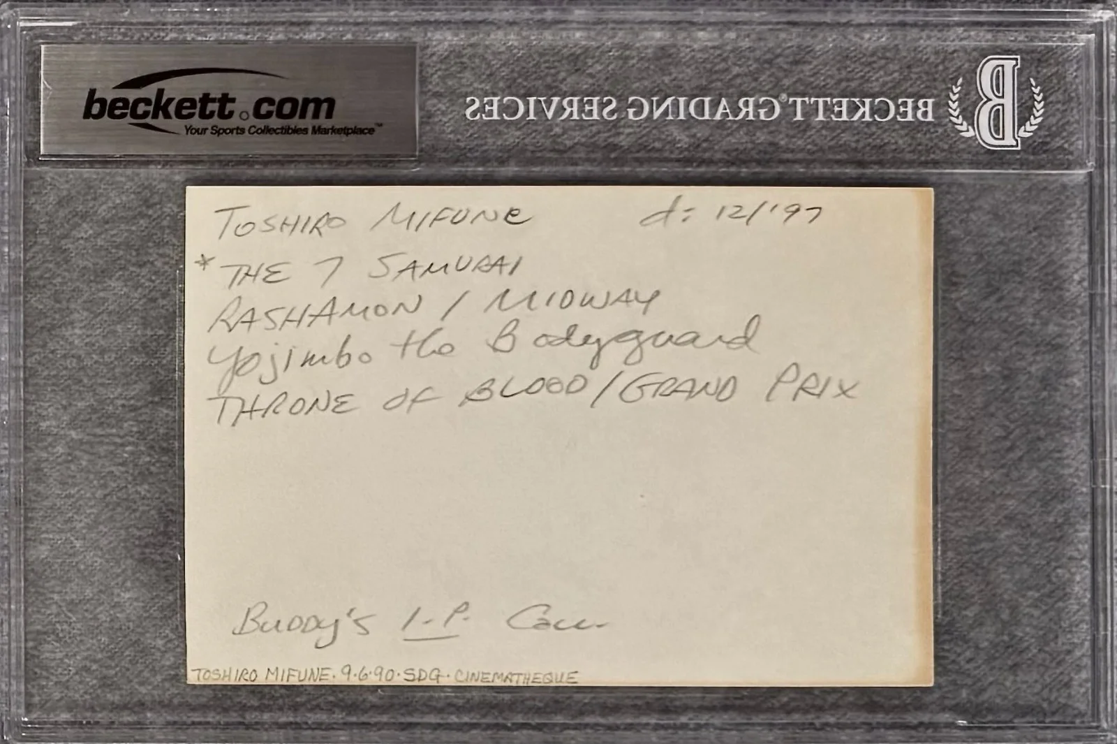 Toshiro Mifune — TOSHIRO MIFUNE Signed Autograph 4"x 6" INDEX CARD SEVEN SAMURAI SANJURO BECKETT, image 2