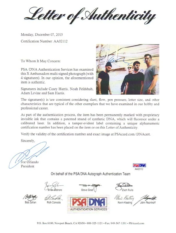 X AMBASSADORS ENTIRE BAND SIGNED AUTOGRAPHED 11x14 PHOTO VERY RARE PSA/DNA, изображение 3