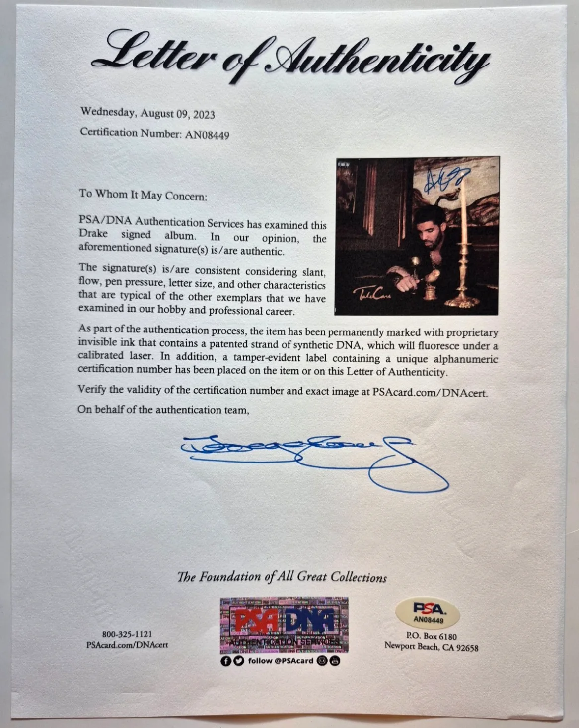 DRAKE SIGNED AUTOGRAPHED TAKE CARE ALBUM VINYL AUBREY GRAHAM OVOXO PSA DNA LOA 3, изображение 4