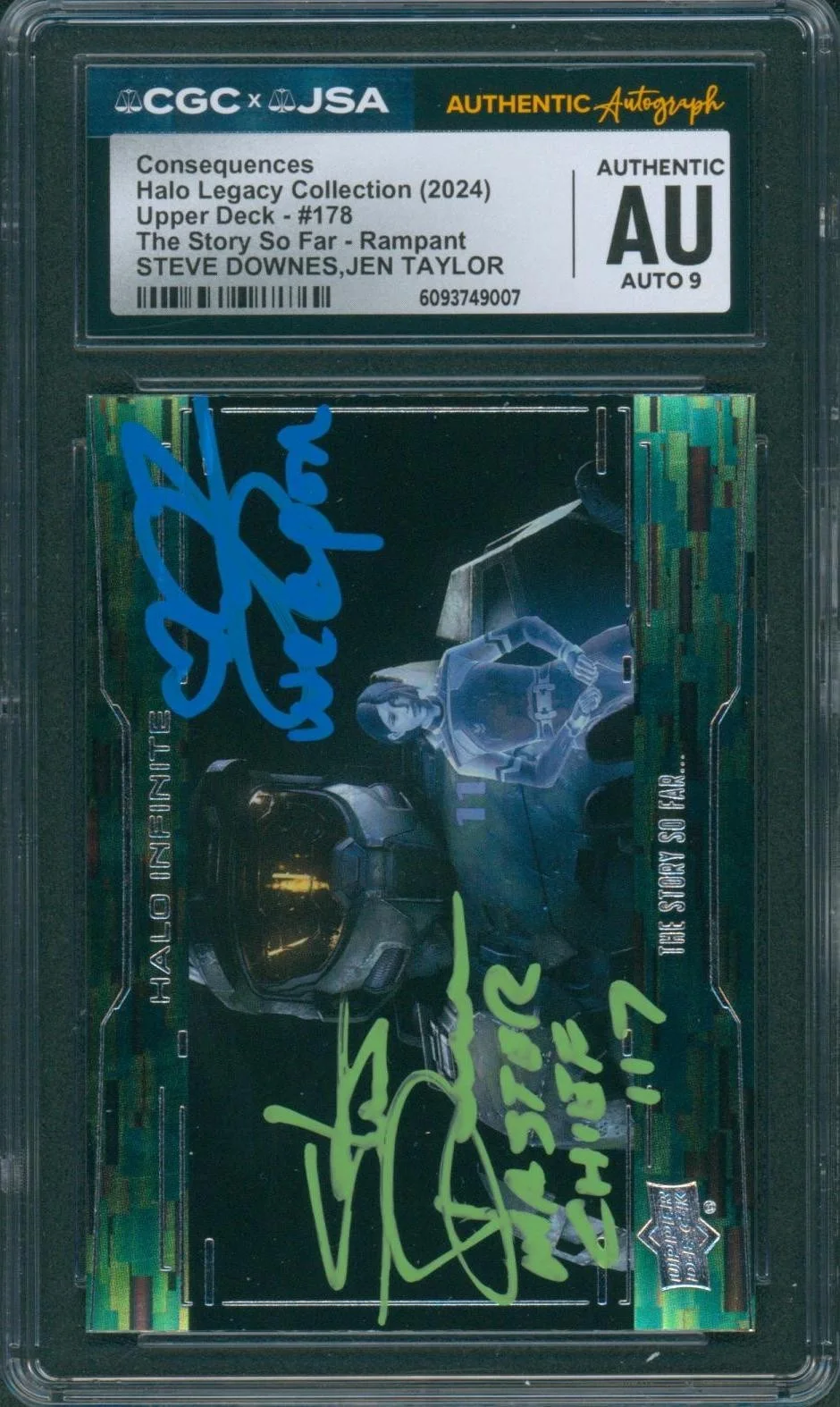 Steve Downes and Jen Taylor — Steve Downes & Jen Taylor Signed Card Halo Legacy Chief/Cortana CGC x JSA SLAB