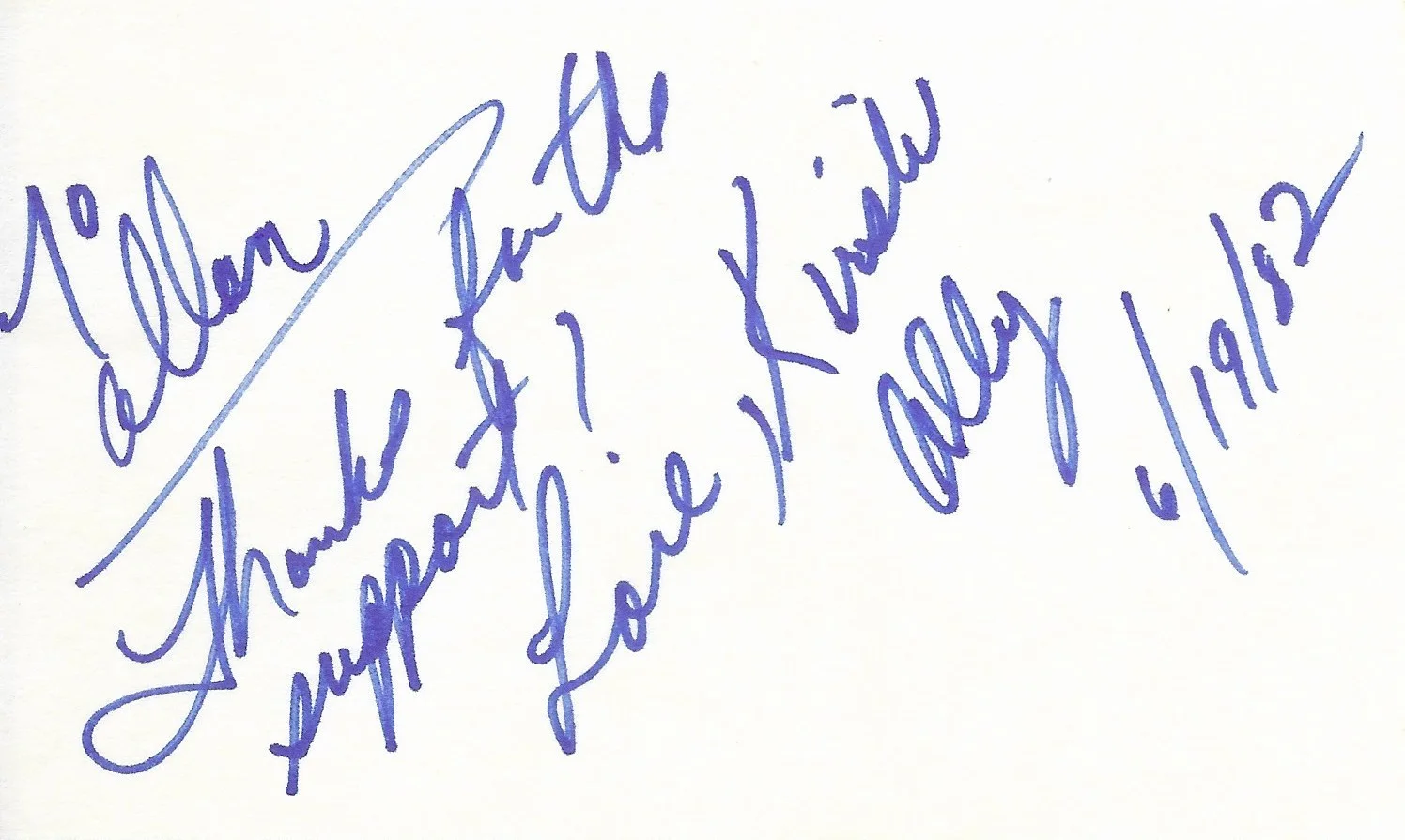Kirstie Alley — Kirstie Alley Authentic Vintage Signed 3x5 Card Star Trek II 1982 Houstoncon