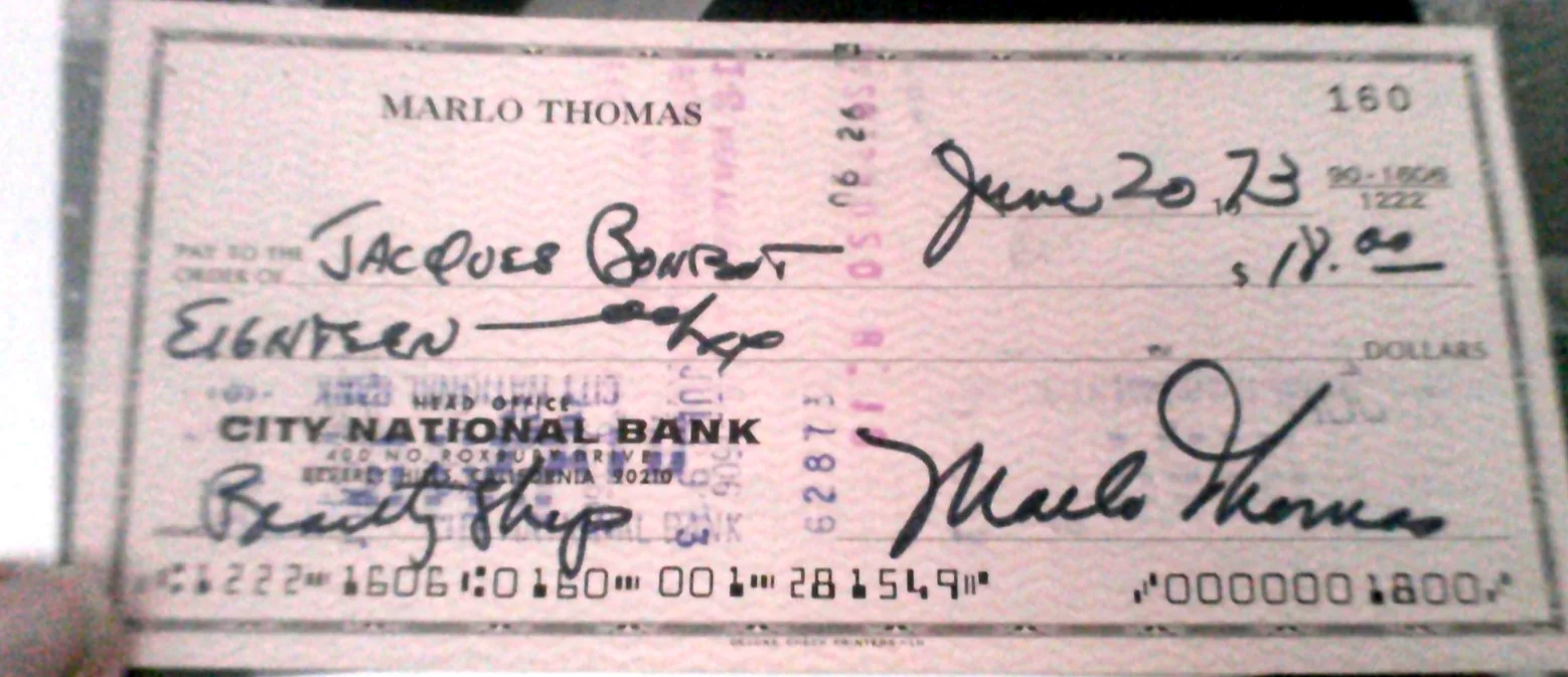 Marlo Thomas — Marlo Thomas That Girl signed personal check + free BXW Photo, image 2