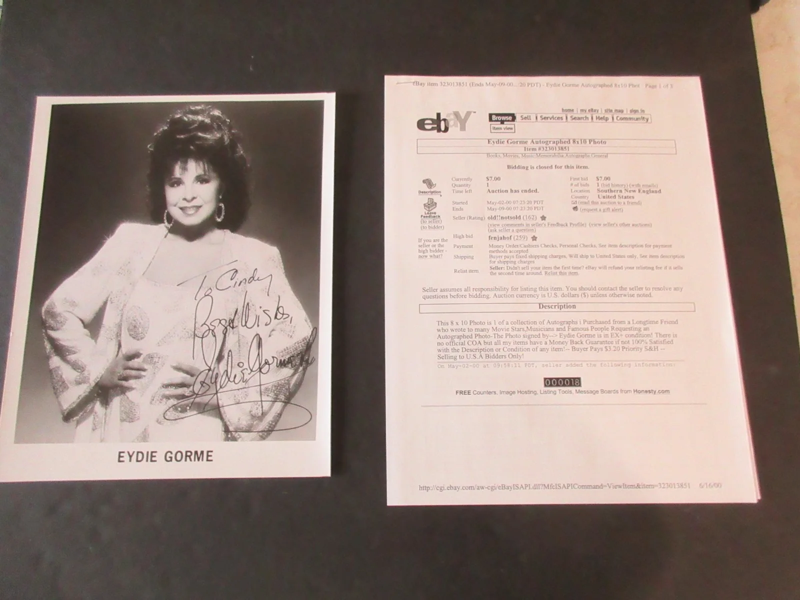 EYDIE GORME - AUTOGRAPH 8X10 B, W PHOTO COA — EYDIE GORME - AUTOGRAPH 8X10 B&W PHOTO COAa, изображение 2