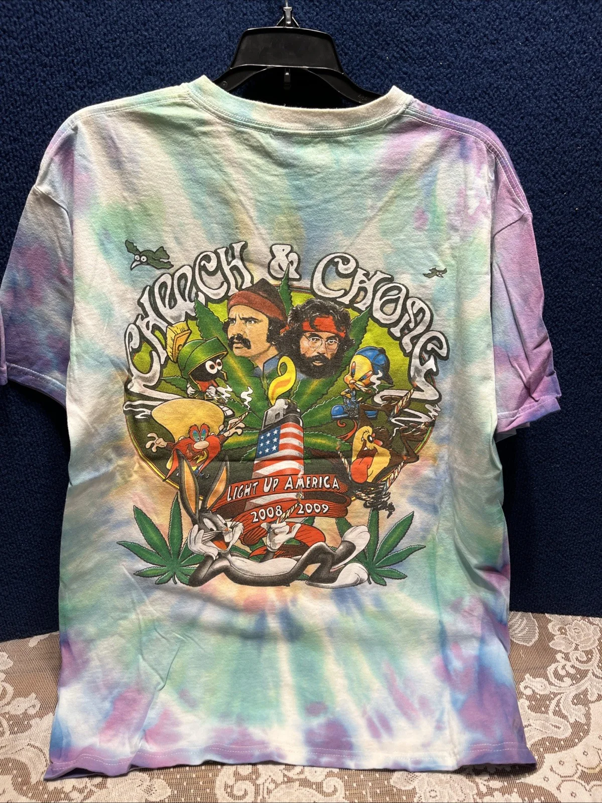 Cheech & Chong — VTG Cheech and Chong Light Up America Tour Tie Dye 2 Sided Concert Shirt Size L