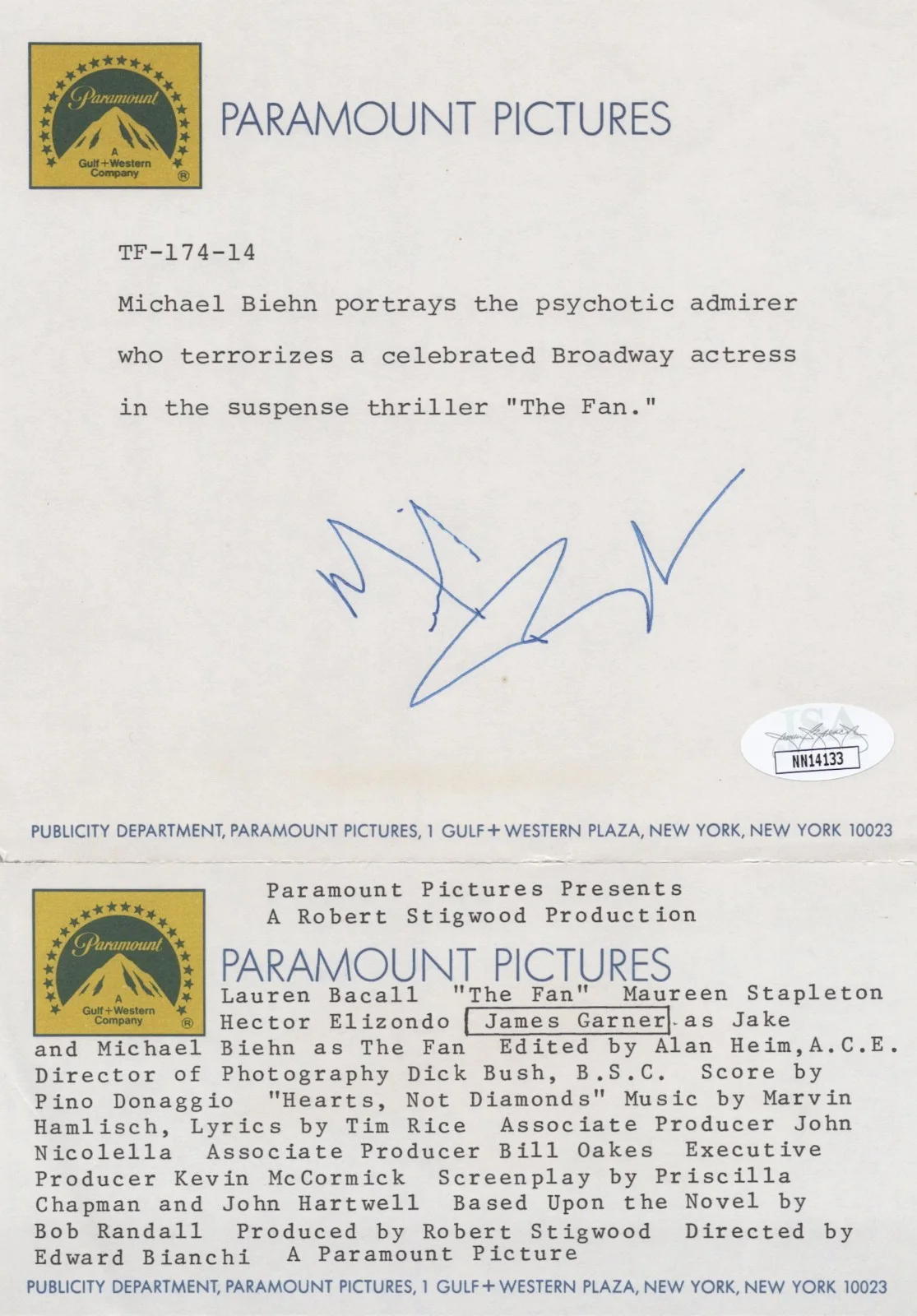 Michael Biehn — The Fan - Michael Biehn signed Douglas 8x10 photo + Paramount letter JSA COA, изображение 2