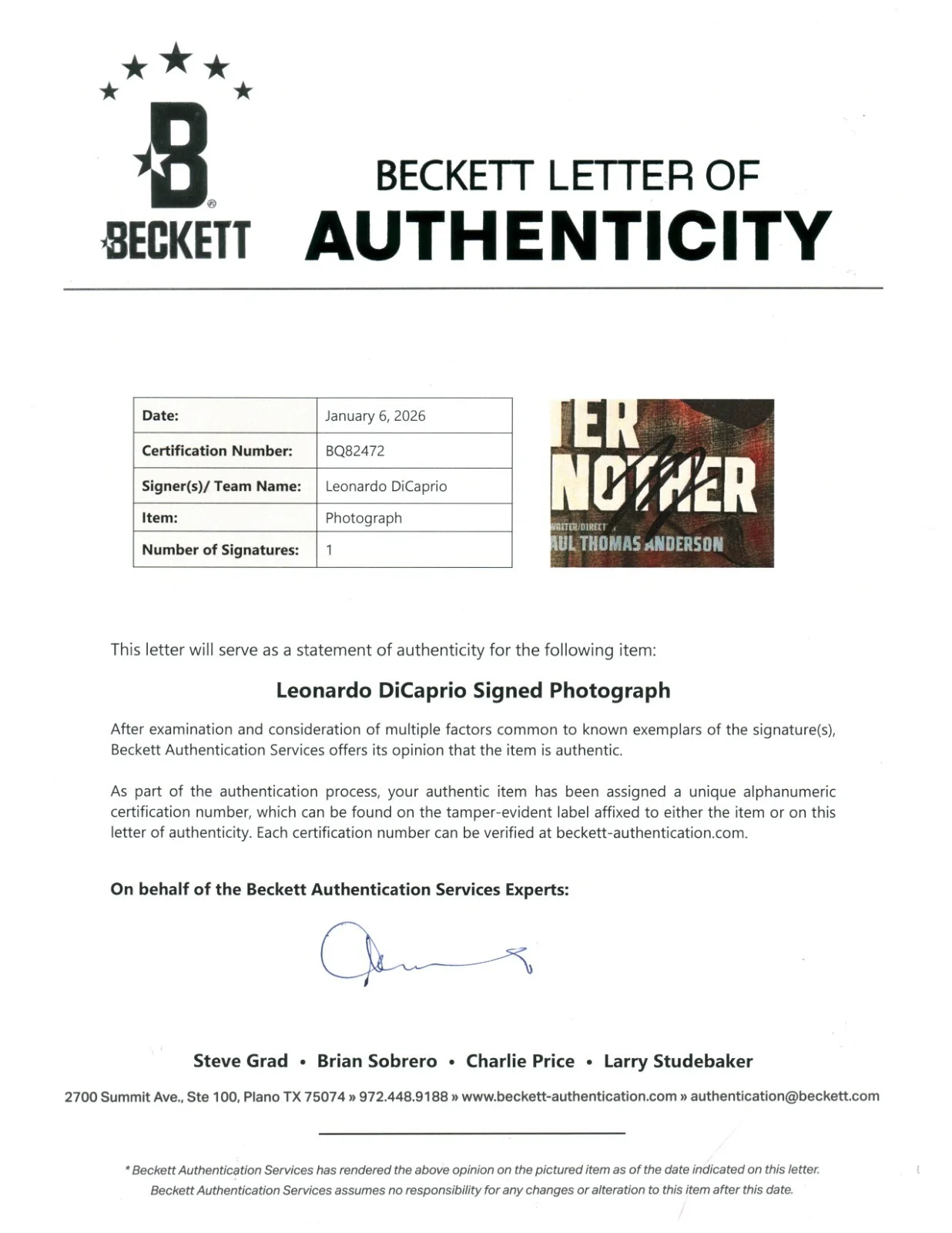 Leonardo Dicaprio — LEONARDO DICAPRIO SIGNED ONE BATTLE AFTER ANOTHER 11X17 PHOTO BAS LOA COA, image 2