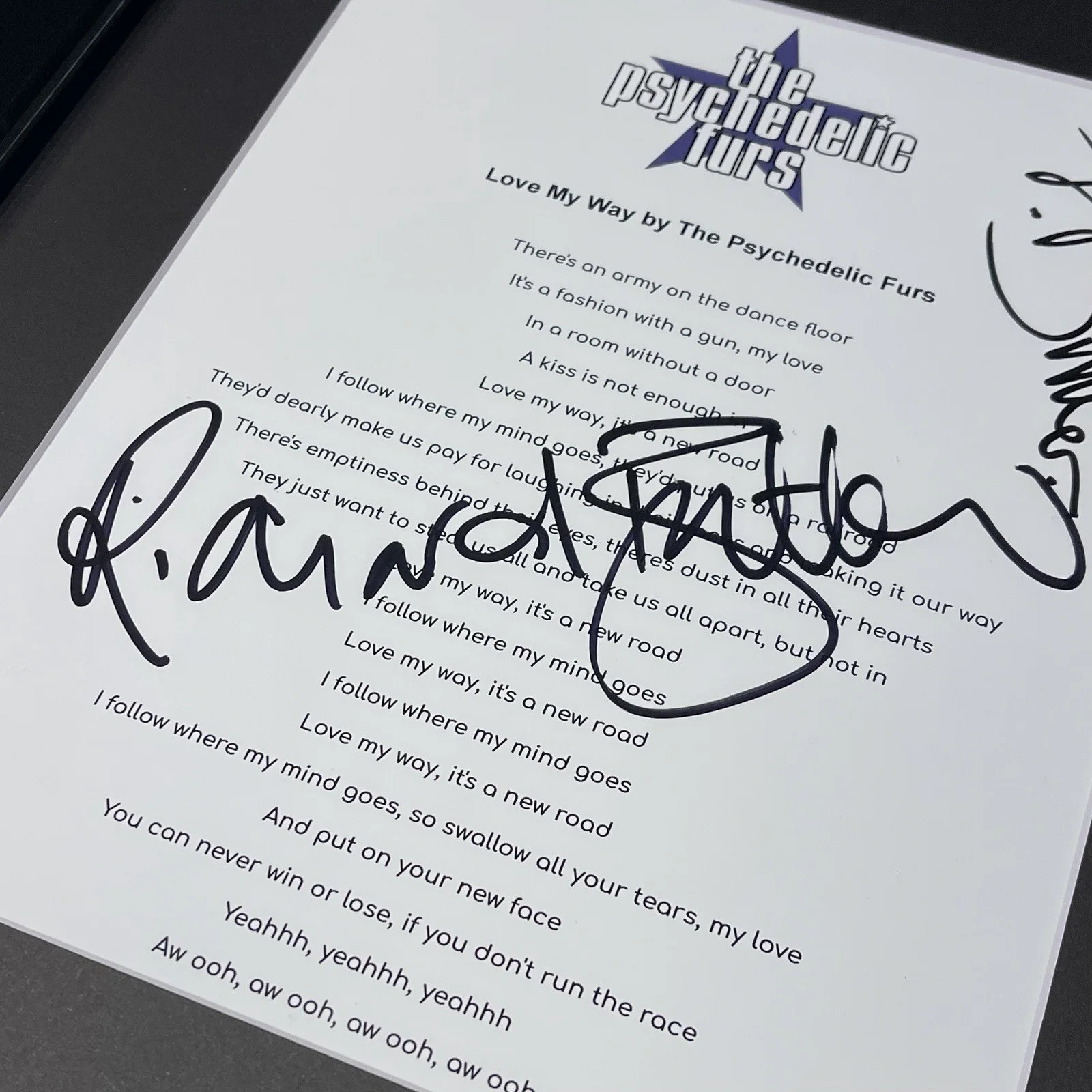 PSYCHEDELIC FURS BAND SIGNED LOVE MY WAY LYRIC SHEET FRAMED AUTOGRAPH PSA COA, image 2