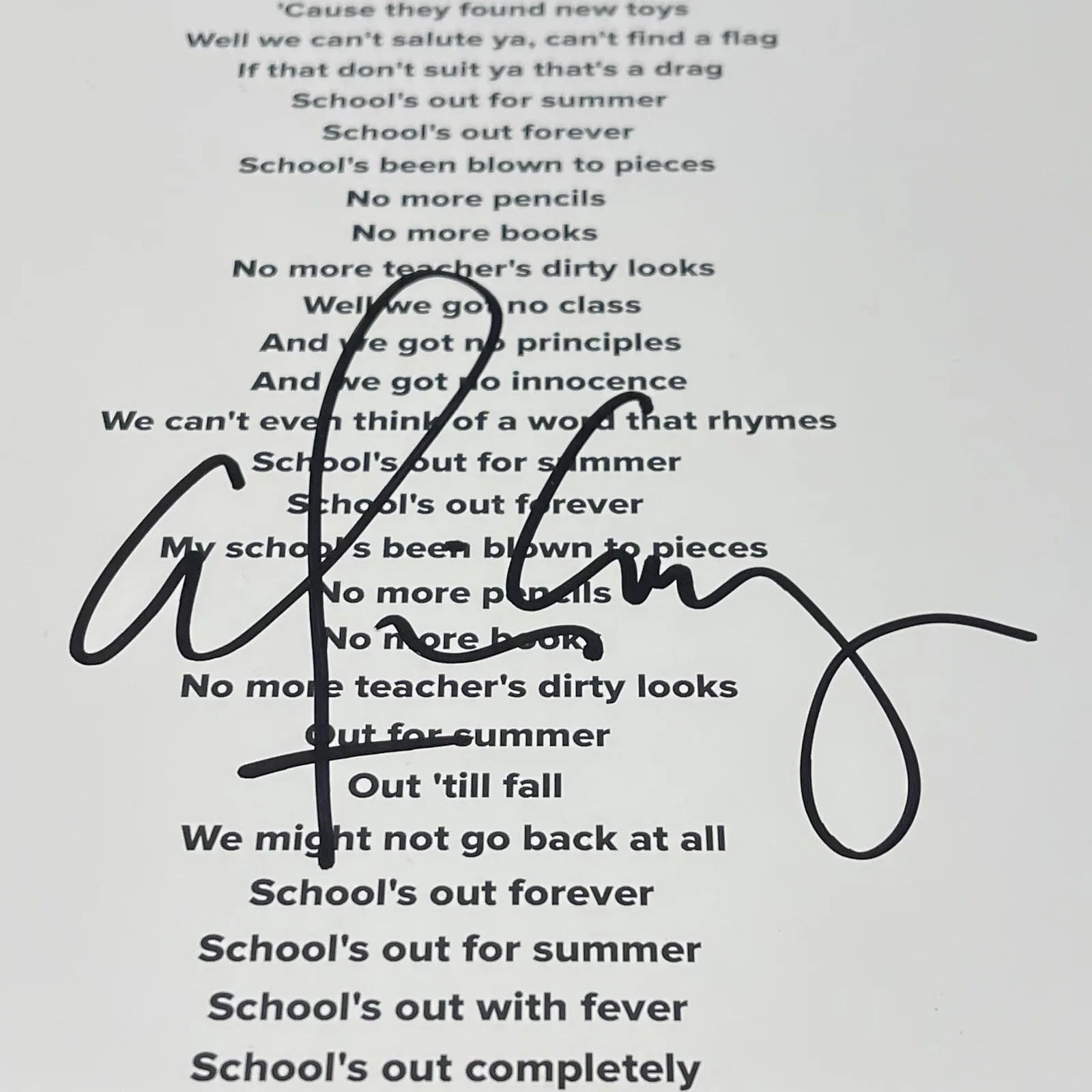ALICE COOPER SIGNED SCHOOL’S OUT LYRIC SHEET FRAMED AUTOGRAPH PSA COA, изображение 2