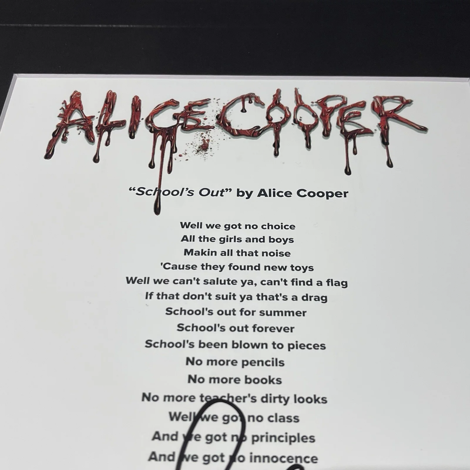 ALICE COOPER SIGNED SCHOOL’S OUT LYRIC SHEET FRAMED AUTOGRAPH PSA COA, изображение 3