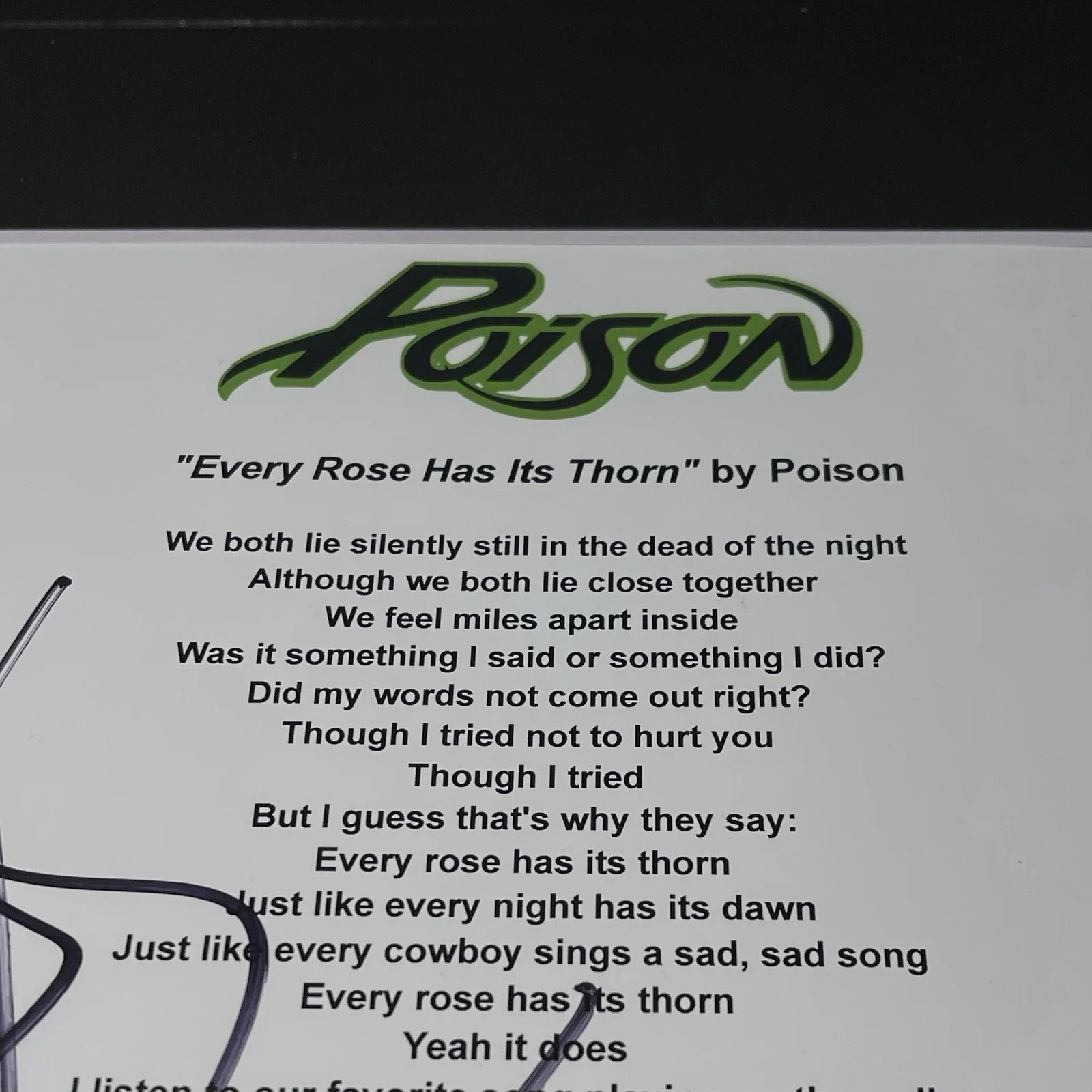 BRET MICHAELS SIGNED POISON EVERY ROSE LYRIC SHEET FRAMED AUTOGRAPH PSA COA, image 3