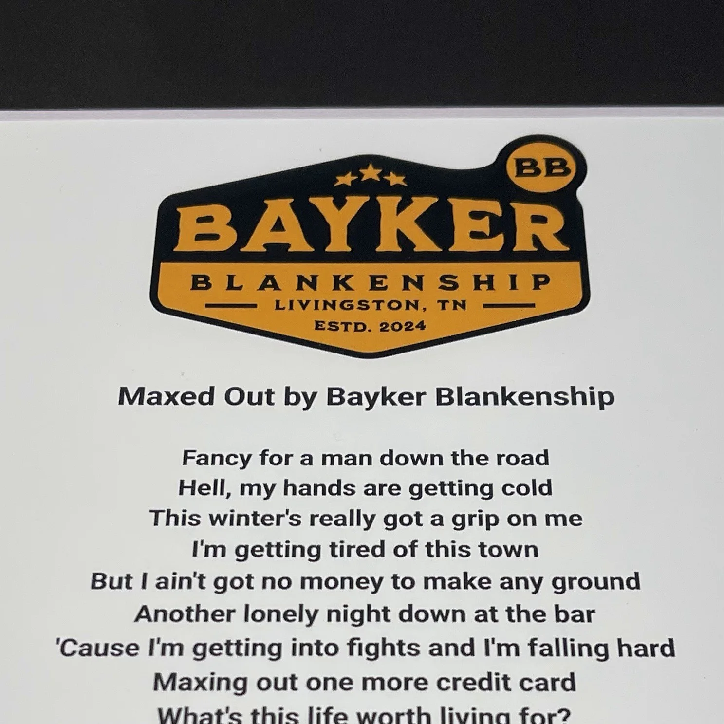 BAYKER BLANKENSHIP SIGNED MAXED OUT LYRIC SHEET FRAMED AUTOGRAPH PSA COA, image 3