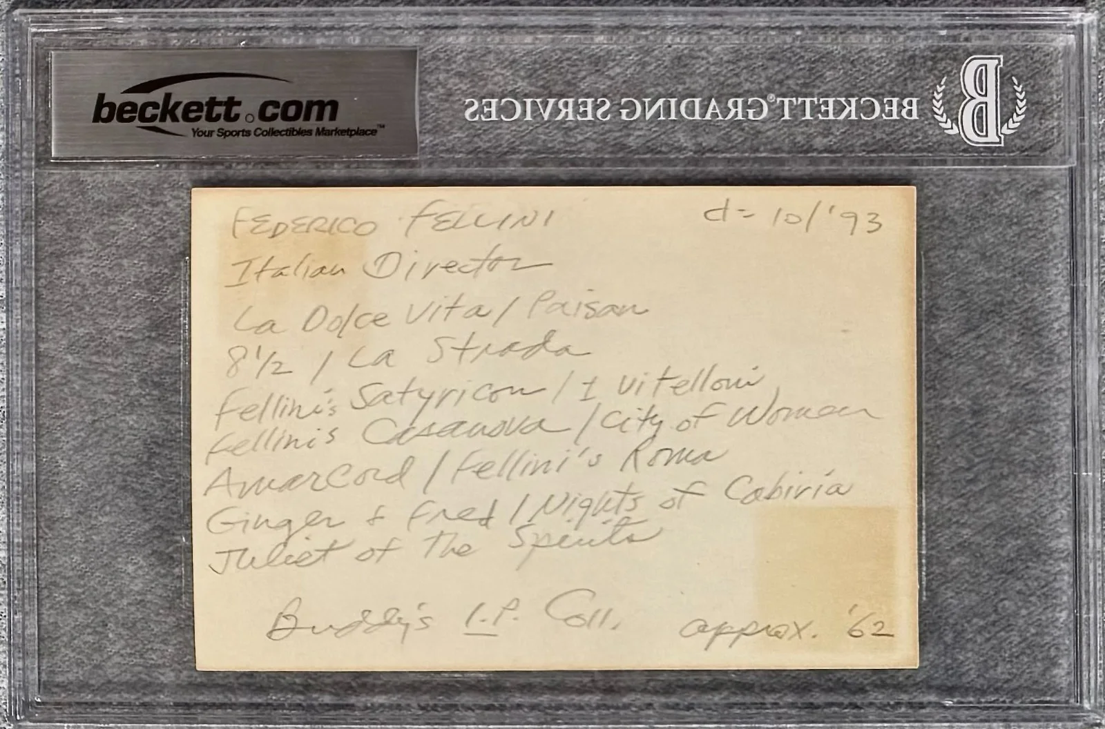 Federico Fellini — FEDERICO FELLINI Signed Autograph 4x6 INDEX CARD La Dolce Vita La Strada BECKETT, image 2