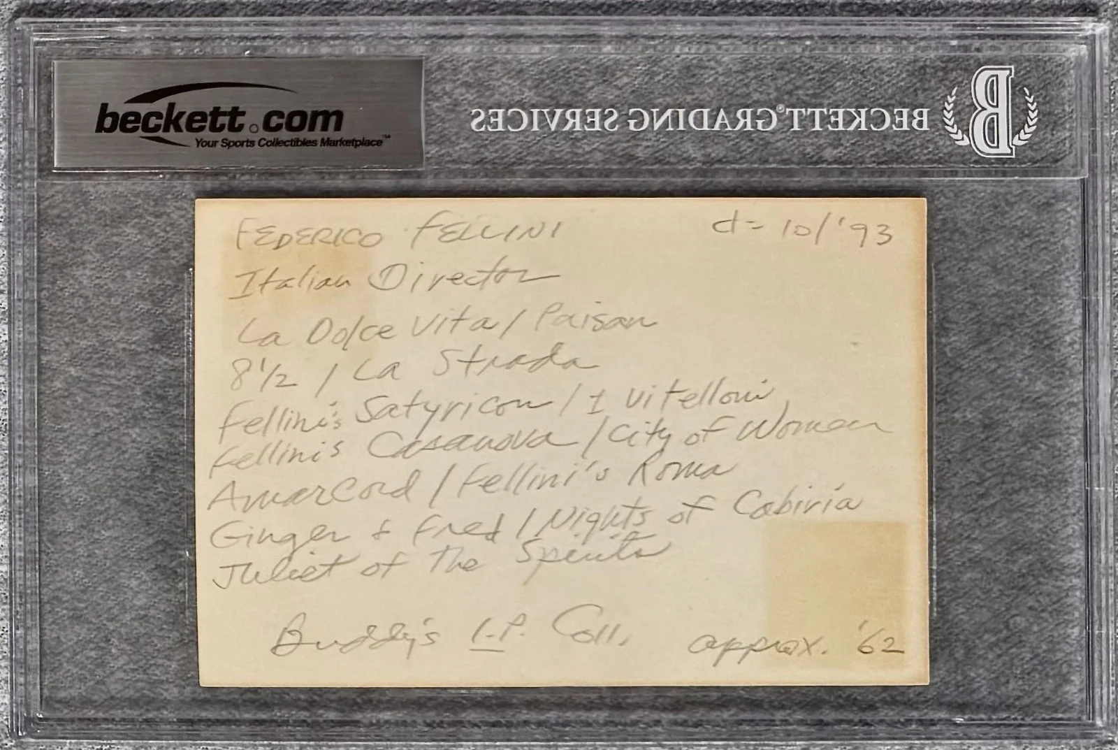 Federico Fellini — FEDERICO FELLINI Signed Autograph 4x6 INDEX CARD La Dolce Vita La Strada BECKETT, image 4