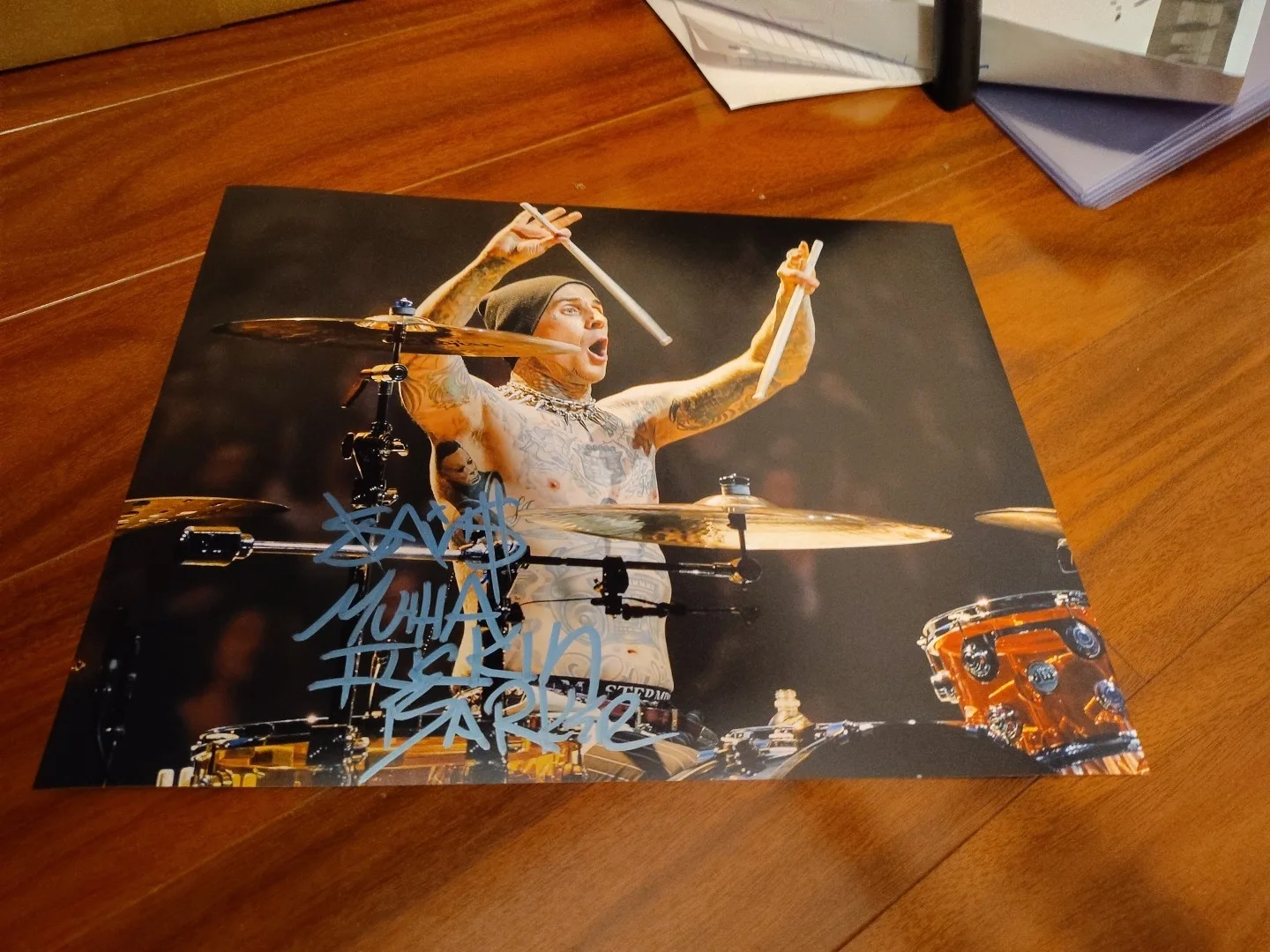 Travis Barker Signed 11x14 Blink 182 Inscribed Mf In Drummer Acrobats +44..., image 2